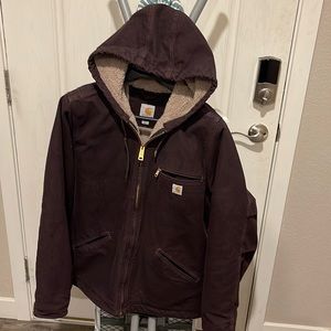 Winter coat, Carhart, wine in color. Looks dark brown.